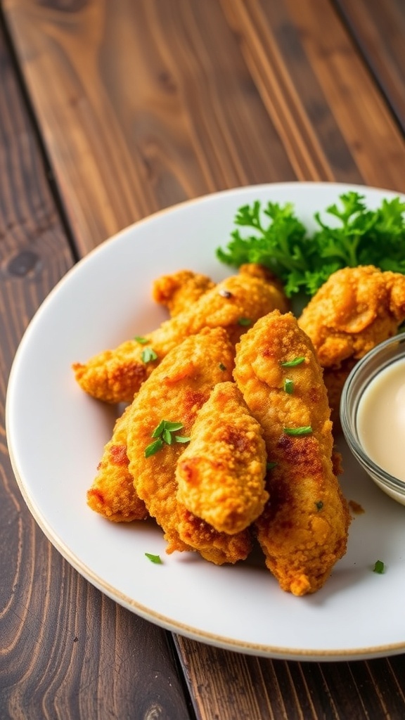 Crispy baked chicken tenders on a plate with dipping sauce and herbs.